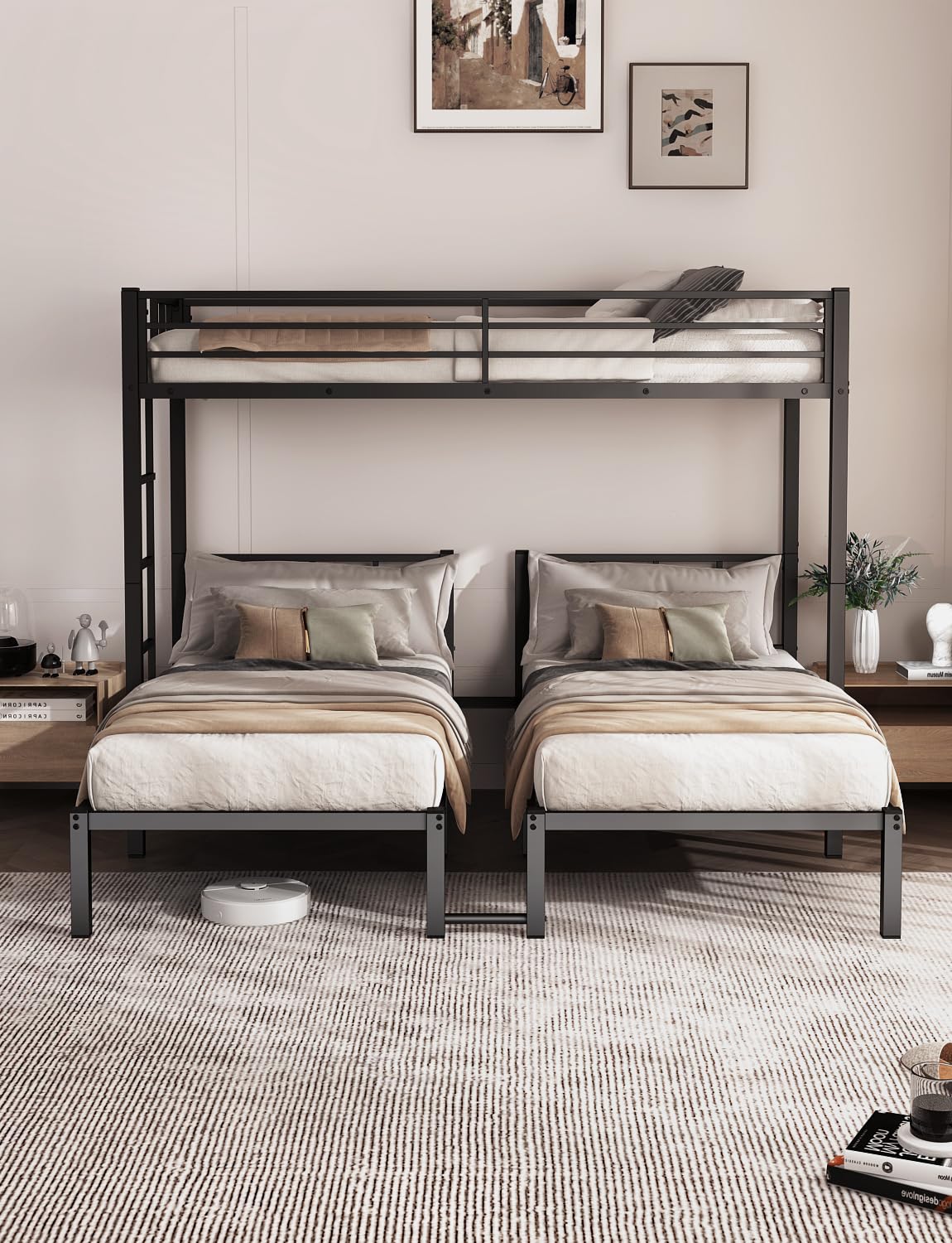 HKOLIE Twin Over Twin & Bunk Beds for 3, Triple Bunk Bed for 3 with Guardrails, Ladder & Upper-Bed Platform, for Children, Teens, Adults, No Box Spring Needed, Black
