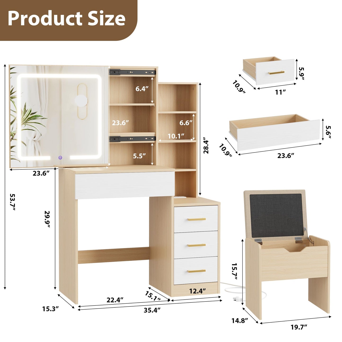 Senfot Nature Vanity Desk With Sliding Mirror and Lights, Modern Makeup Vanity Table With 4 Drawers and 7 Storage Shelves, Dressing Table With Stool and Charging Station, 3 Lighting Modes, for Bedroom