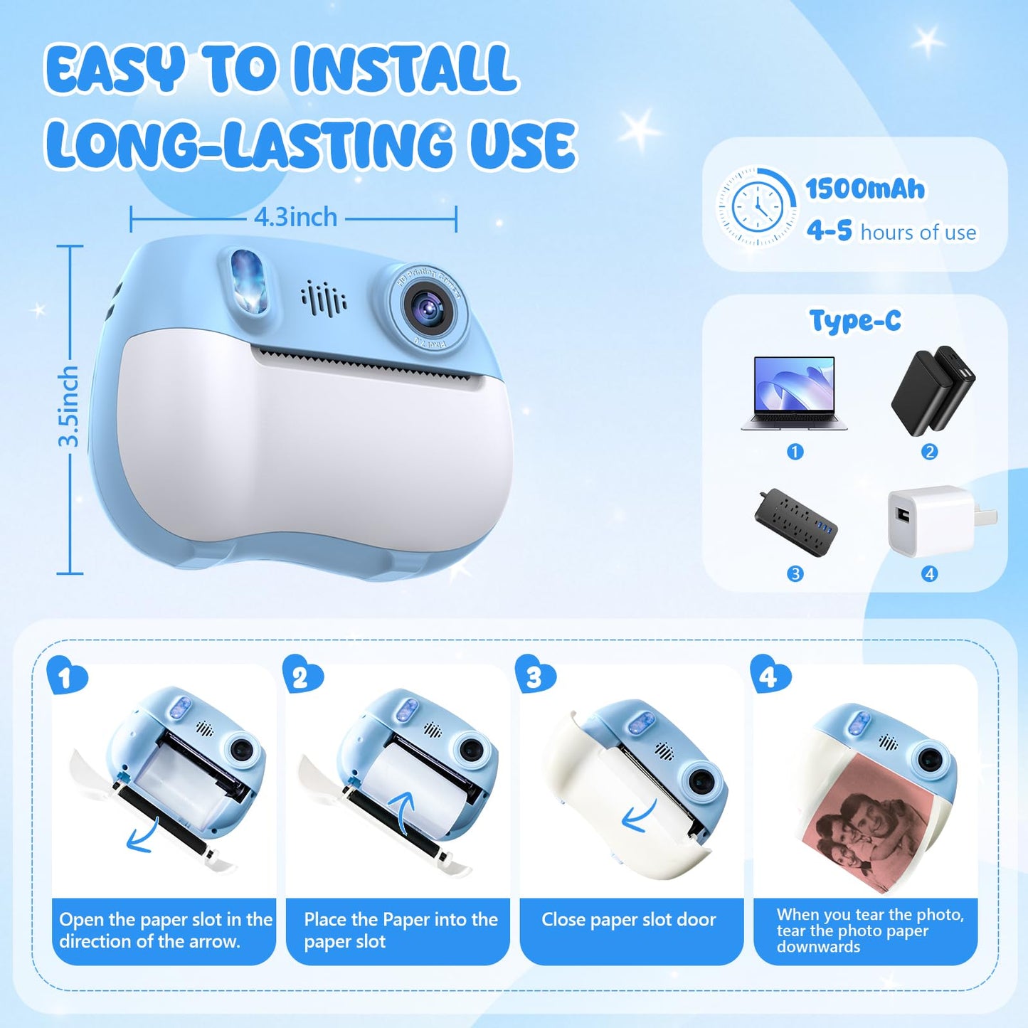 Kids Camera Instant Print 1080P Front Rear Dual Selfie - Kids Digital Camera with Video Games, 32GB & 5-Color Print Paper/ 250 Photos,Easy to Use & Great Toys Gifts for Boys Girls, Ages 3-12