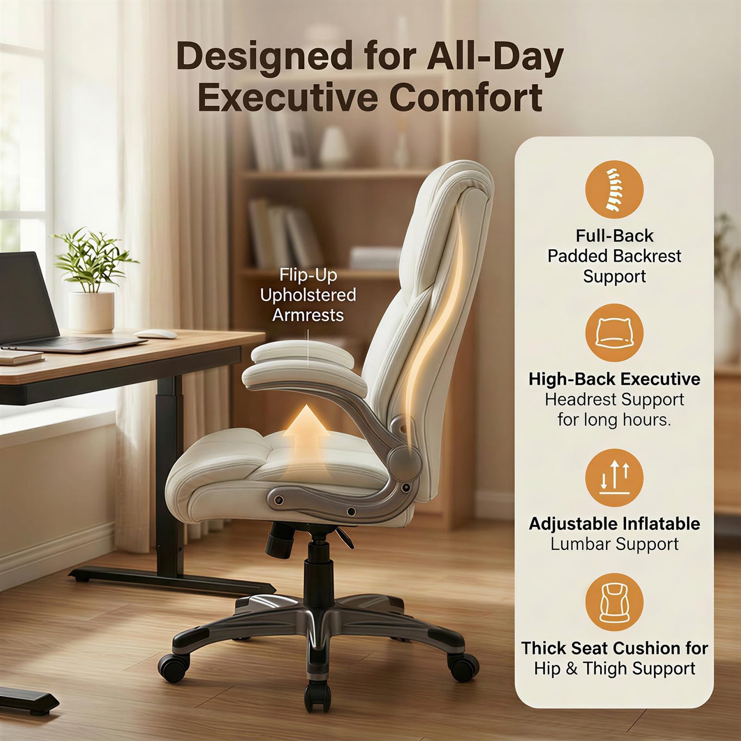 COLAMY Ergonomic Executive Office Chair, High-Back PU Leather Desk Chair with Flip-Up Armrests, Adjustable Inflatable Lumbar Support, Thick Seat Cushion, 90–110° Recline, Pearl White