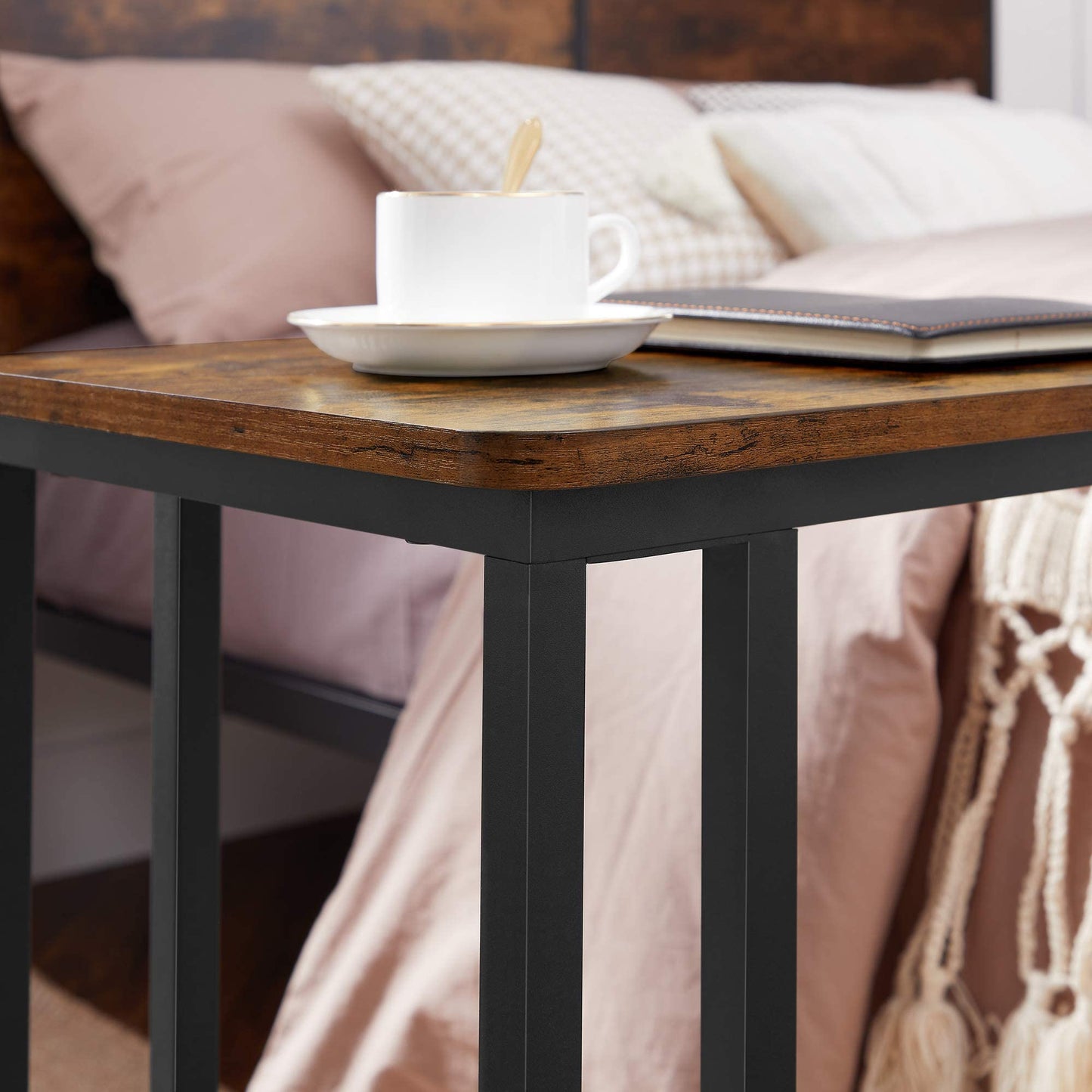 VASAGLE End Table, C Shaped TV Tray with Metal Frame Rolling Casters, Industrial Side Table for Living Room Bedroom, 19.7 x 13.8 x 23.6 Inches, Rustic Brown and Black