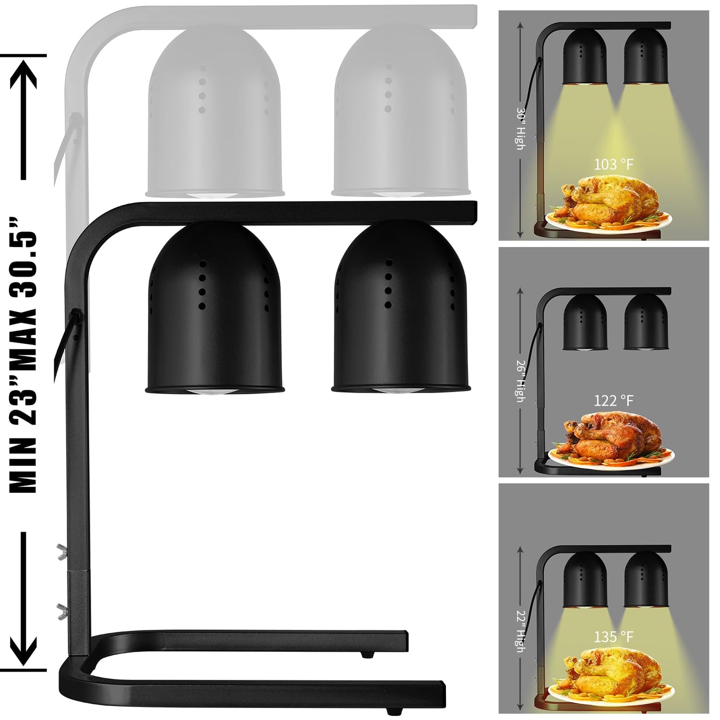 VORIGY Heat Lamp for Food, with Two 250W Bulbs for Fast and Even Heating, Food Heat Lamp with Adjustable Height Stand, Commercial Food Warmer Lamp for Home, Fast Food Restaurant, Buffet, Bakery Black