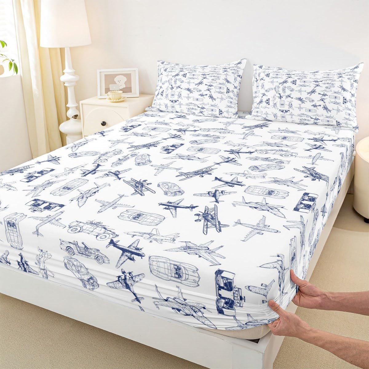 Aircraft Bed Sheet Set Kids Airplane Print Fitted Sheet Boys Girls Decor Aircraft Flying Bedding Set Microfiber Sketch Style Blue White Bedspread Cover Bedroom Full Size