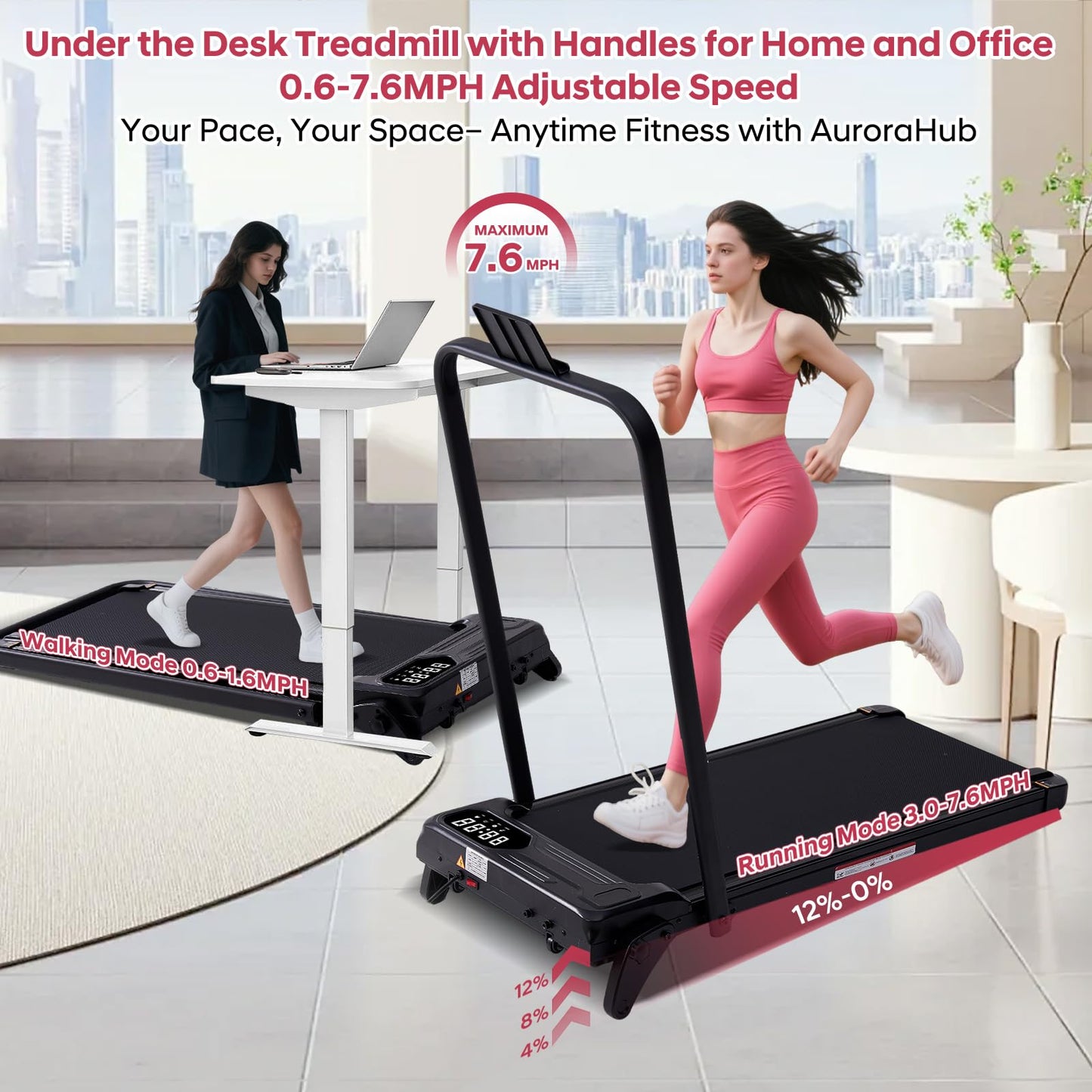 Foldable Walking Pad Treadmill with Adjustable Incline and Handle Bar, 3.5HP Portable Folding Treadmills for Home Small, 4 in 1 Under The Desk Electric Treadmill with Handles, 0.6-7.6MPH, 350LBS