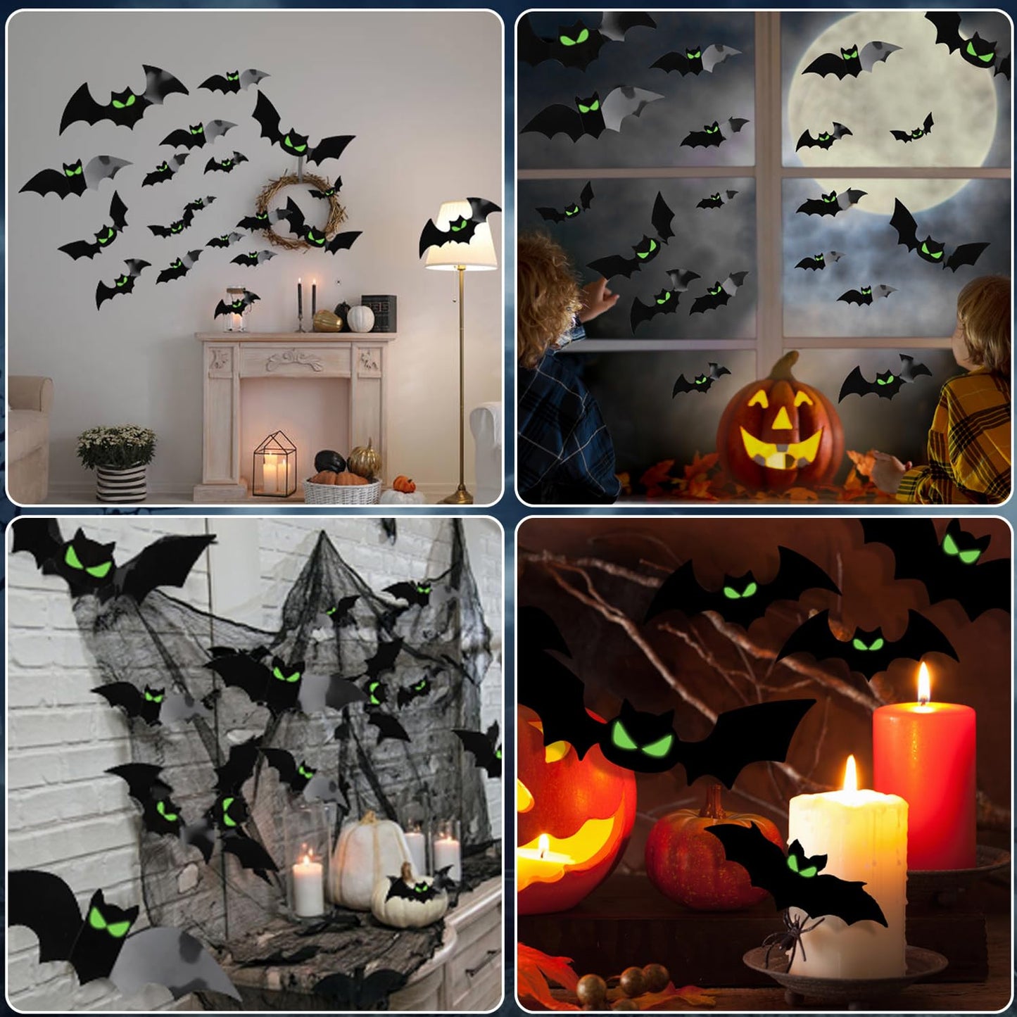 DIYASY 144 Pcs Bats Wall Decor, Glow in The Dark Bats 3D Bat Cutouts Halloween Decorations Light Up Eyes Paper Bat Stickers Black Plastic Sticky Decals for Home Indoor Outdoor décor Outside