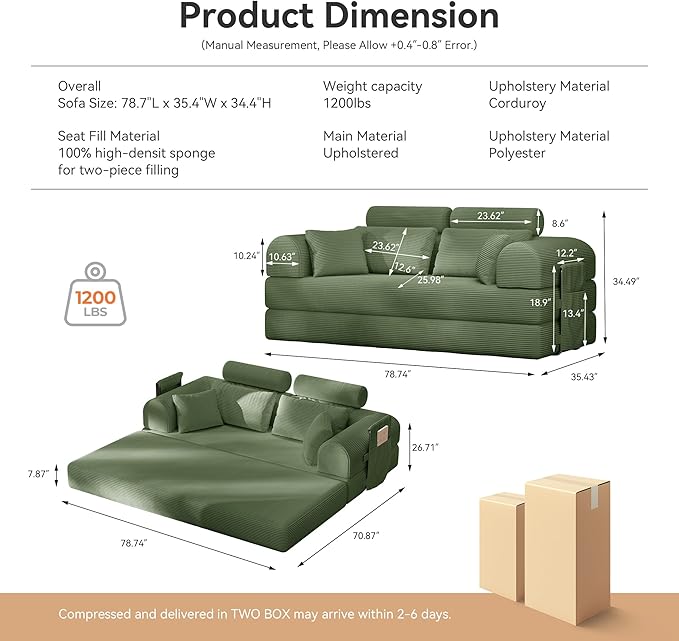 ZQRhome Convertible Folding Couch Bed, Comfy Corduroy Sleeper Floor Sofa Bed with Fixed-Shape Frame, Floor Sofa with Armrest, Lounge Couch for Living Room Bedroom Lounge Studio, High Backrest Green