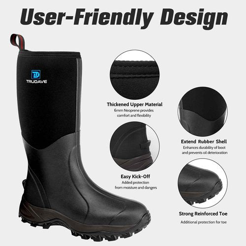 Trudave Rubber Boots for Men & Women with Steel Shank, Reliable 6mm Neoprene Waterproof Insulated Rain Boots, Warm Anti-slip High Traction Multi-season Dry Mud Boot for Outdoor Work Hunting, Size 7