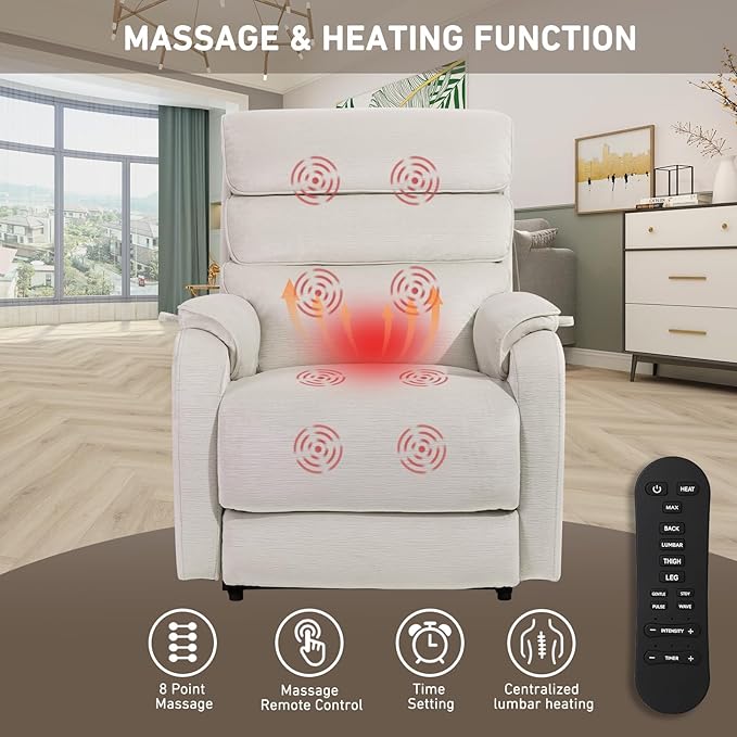 EONIX Dual Motor Lay Flat Power Lift Recliner Chair for Elderly, Chenille Fabric Electric Lift Chairs for Adults, 400lbs Heavy Duty Power Recliner with Heat Massage Charging Ports, Chenille White
