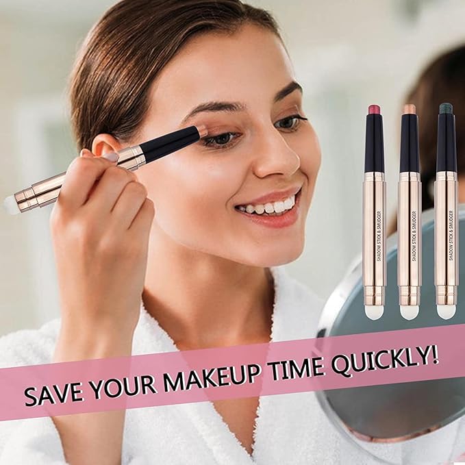 Brown Eyeshadow Stick and Sponge Makeup Brush Smooth Cream Shimmer Shadow Pencil Long Lasting Waterproof Eye Shadow Highlighter Stick Makeup Eye Liner Multi-Dimensional eyes Look