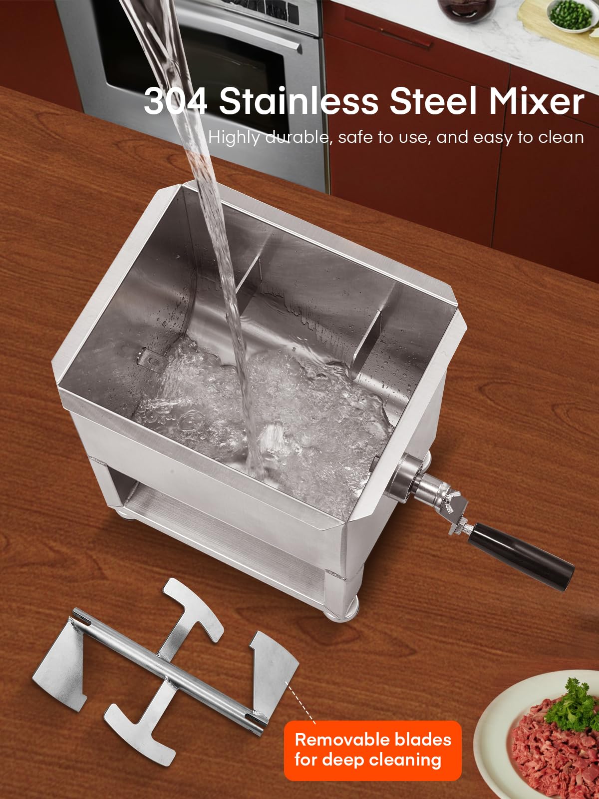 Meat Mixer, 20LBS/10L Capacity Tank 304 Stainless Steel Manual Meat Mixer, Meat Mixer for Sausage with Stainless Steel Lid ＆ Deachable Handle, Mix Up to 15LBS/7.5L