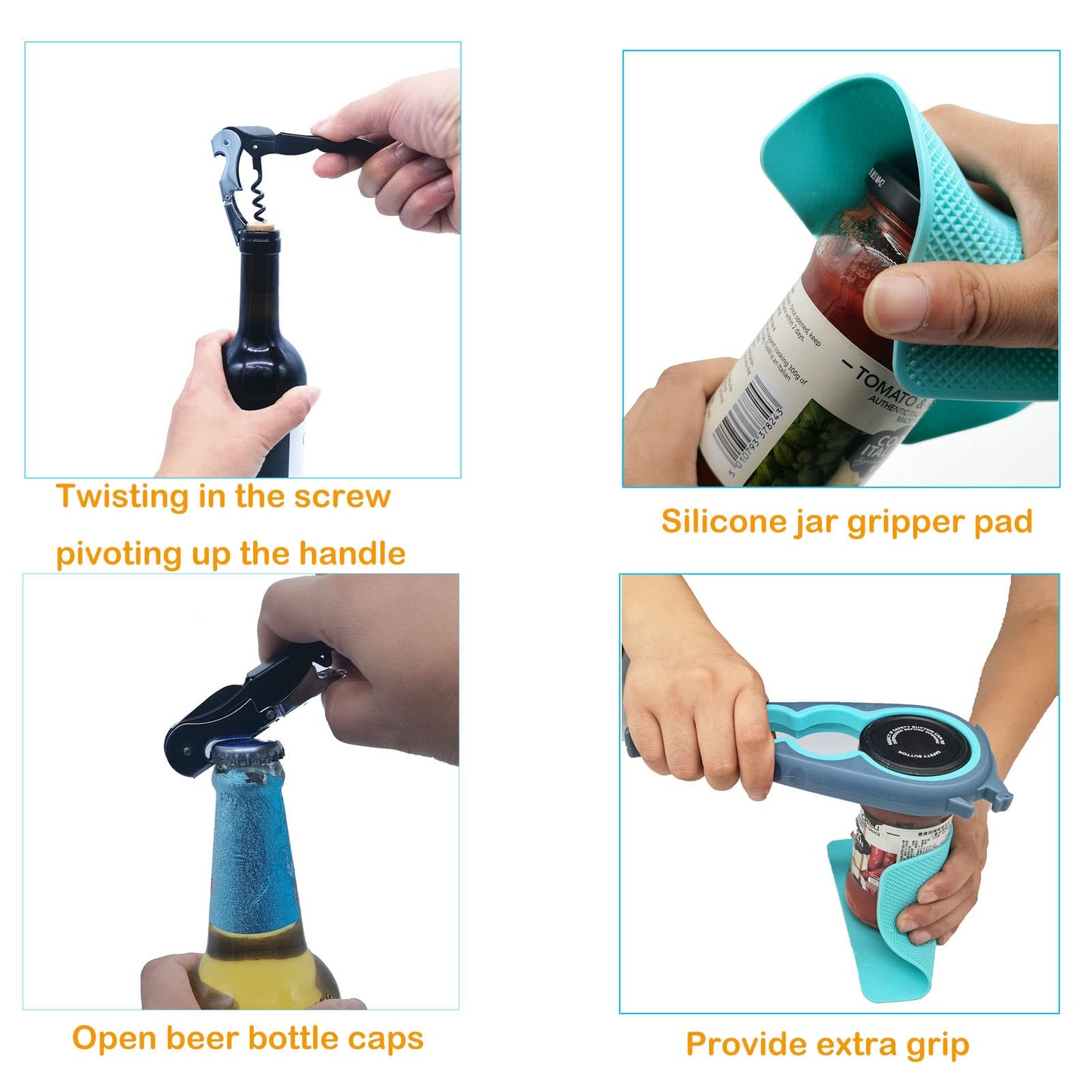 Otstar Jar Opener Bottle Opener and Can opener for Weak Hands,Seniors with Arthritis, Elderly, Jar Lid Opener Gadgets with Rubber Jar Opener Gripper Pad and Corkscrew Opener