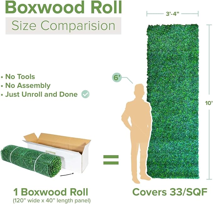 NatraHedge Artificial Boxwood Roll Panels UV Protected for Outdoor Use 33 SQF (Light Green Roll)