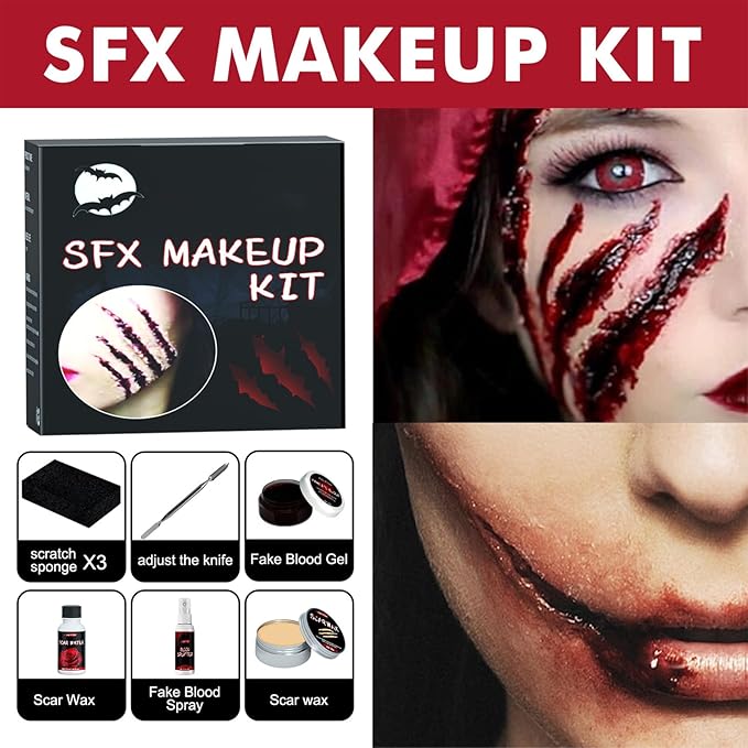 All in One Halloween Makeup Kit, Fake Scar Wax SFX Makeup Kit, Fake Blood Spray, Ideal for Zombie makeup, Vampire Blood, SFX makeUp, Cosplay Party, Stage, Washable Realistic Effect