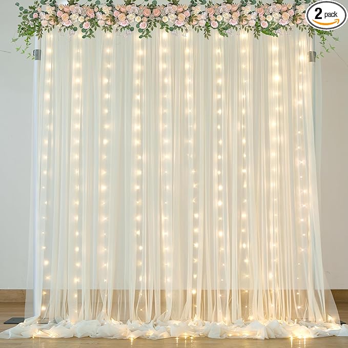 Ivory Sheer Backdrop Curtains with Lights String for Parites Wedding 10×8ft Tulle Backdrop Curtains for Baby Shower Birthd...