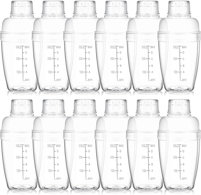 12 Pcs Plastic Cocktail Shaker Drink Mixer with Scales and Strainer Top Clear Shaker Cup with Measurement Plastic Bar Mixi...