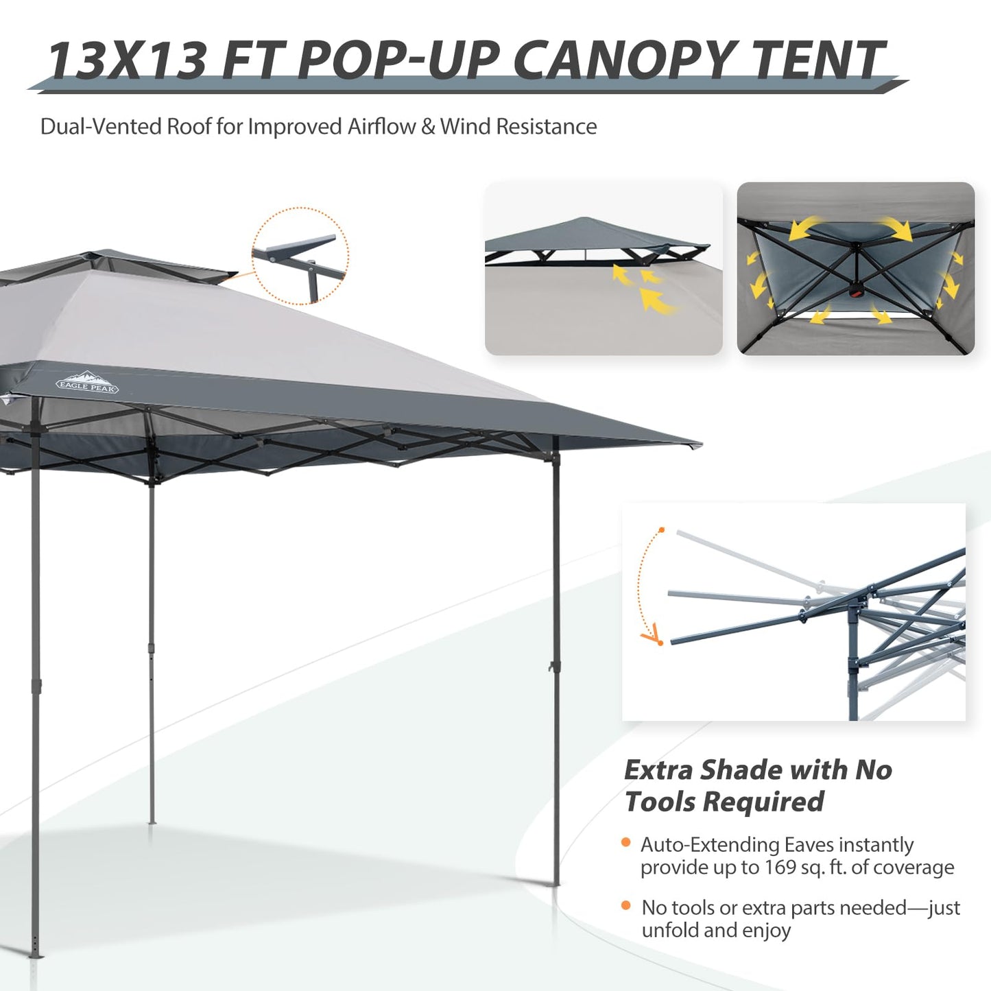 EAGLE PEAK 13x13 Straight Leg Pop Up Canopy Tent Instant Outdoor Canopy Easy Single Person Set up Folding Shelter w/Auto Extending Eaves 169 Square Feet of Shade (Light Gray)