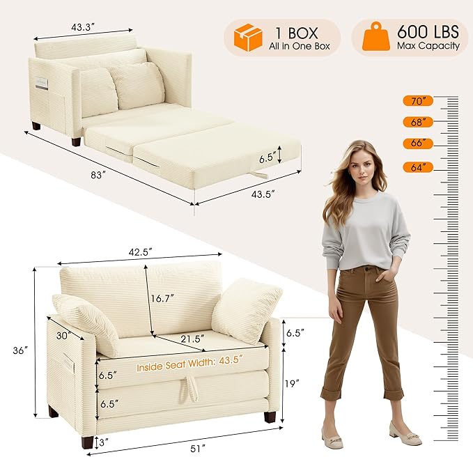 kakuboohi 51" Loveseat Sleeper Sofa Bed, Corduroy Convertible Floor Sofa Bed for Small Spaces, Folding Couch Bed with Deep Seat, 2 Pillows & Solid Frame, Pull Out Floor Couch for Living Room, Beige