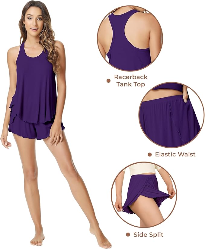 NACHILA Pajamas for Women-Viscose from Bamboo, Ribbed Racerback Tank Top Sexy Split Shorts Pajama Sets Cooling Sleep Cami Pjs