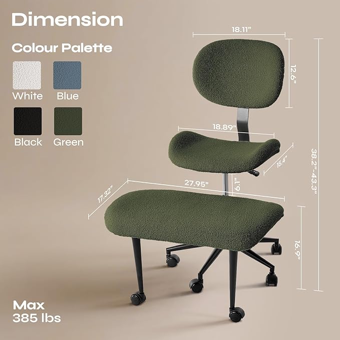 Cross Legged Office Chair with Wheels for ADHD, Ergonomic 360° Swivel Height-Adjustable Meditation Chair for Yoga, Wide Kneeling Chair with Strong Lumbar Support, Teddy Fabric, Green