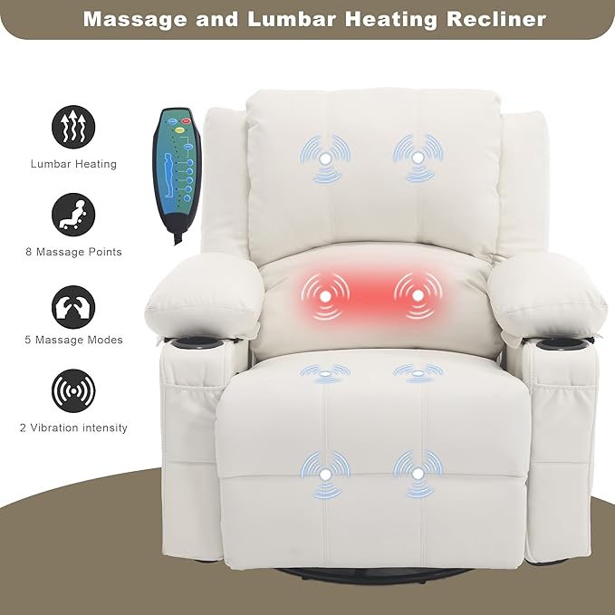 Massage Swivel Rocker Recliner with Lumbar Heat, Overstuffed PU Leather Recliners for Living Room, Modern Single Rocking Chair for Adults, Manual Rocker Recliner with Cup Holders for Bedroom, White