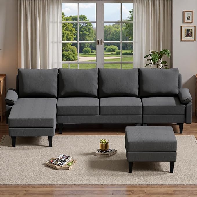 Topcomfy U-Shaped Sectional Couches for Living Room, Convertible 4 Seat Modular Sectional Sofa Set with Ottoman, Modern L Shaped Couch with Chaise for Apartment and Office, Polyester Dark Gray