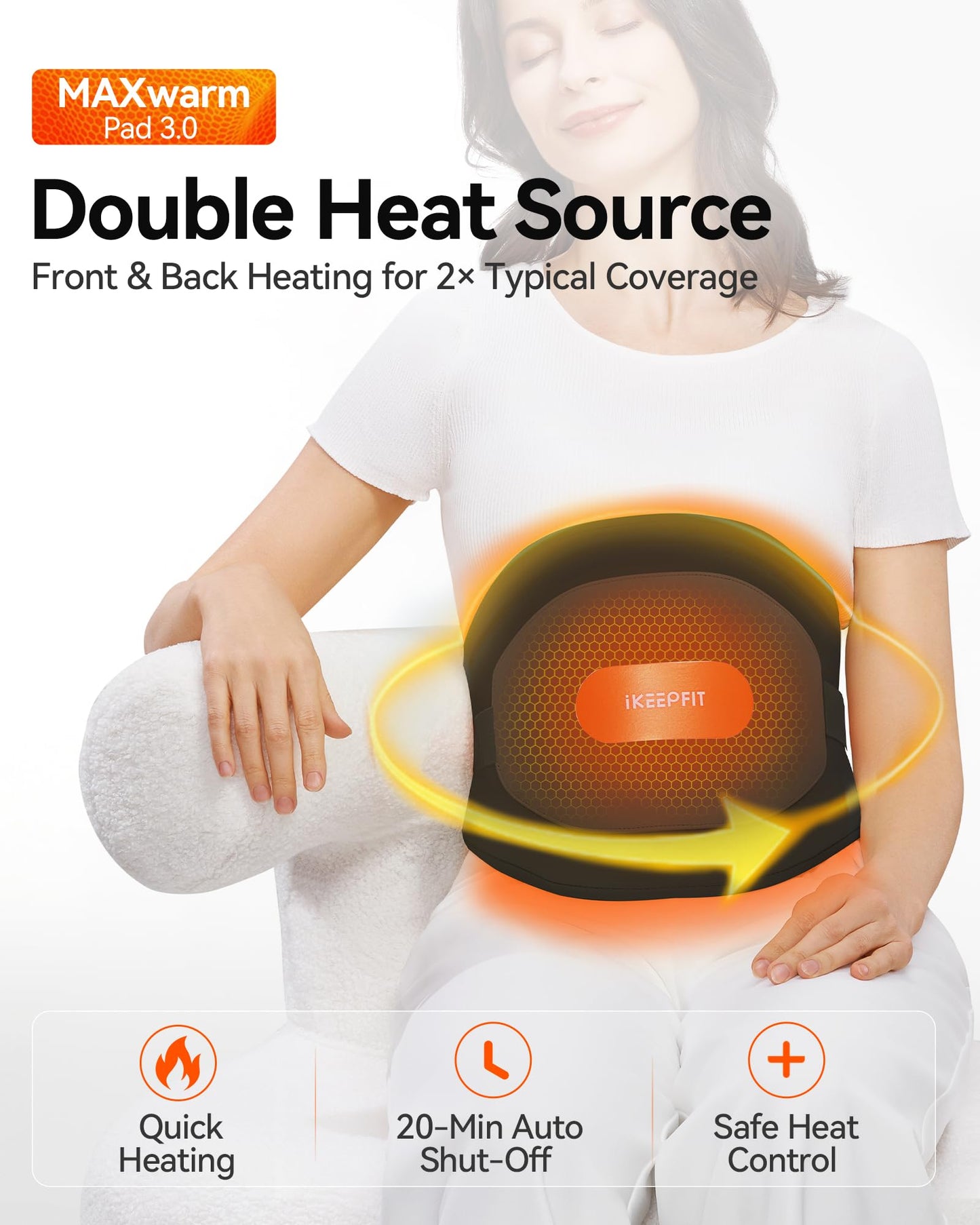 IKEEPFIT Portable Heating Pad for Back, Cordless Wearable Heat Belt with Massager for Lower Back Pain Relief, Battery Powered 8000 mAh Rechargeable, MAXwarm® 3.0, Gift for Women Men 90-310 lbs