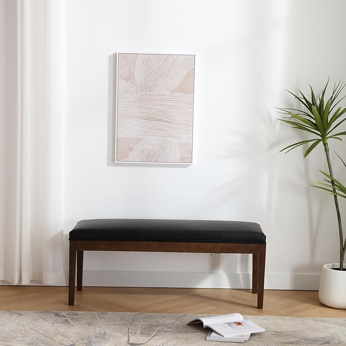 DM Furniture PU Leather Dining Bench Upholstered Entryway Bench Farmhouse Shoe Bench Seat Ottoman for Hallway Living Room Bedroom End of Bed Dining Room Kitchen, 45.5" Long, Black