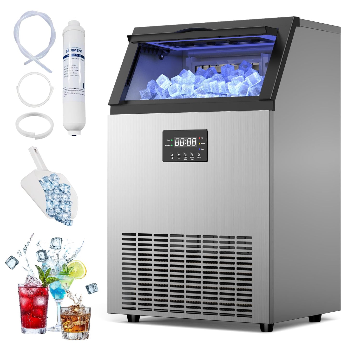 Ice Maker Commercial, 150lbs/Day Under Counter Ice Machine with 50 Lbs Storage Bin, 45 Ice Cubes in 8-15 Mins Free Standing Ice Maker for Home/Bar/Restaurant/Outdoor