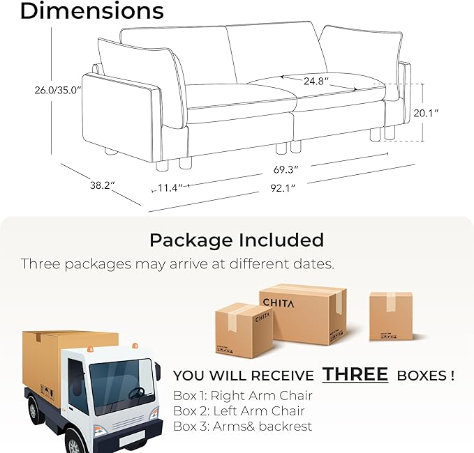 CHITA 92" Super Large Sectional Couches for Living Room, Modular Cloud Couch Sectional Sofa, Premium Fabric Couches, Down Filled, High Density Foam, Chenille in Green, 2 Seater Loveseat