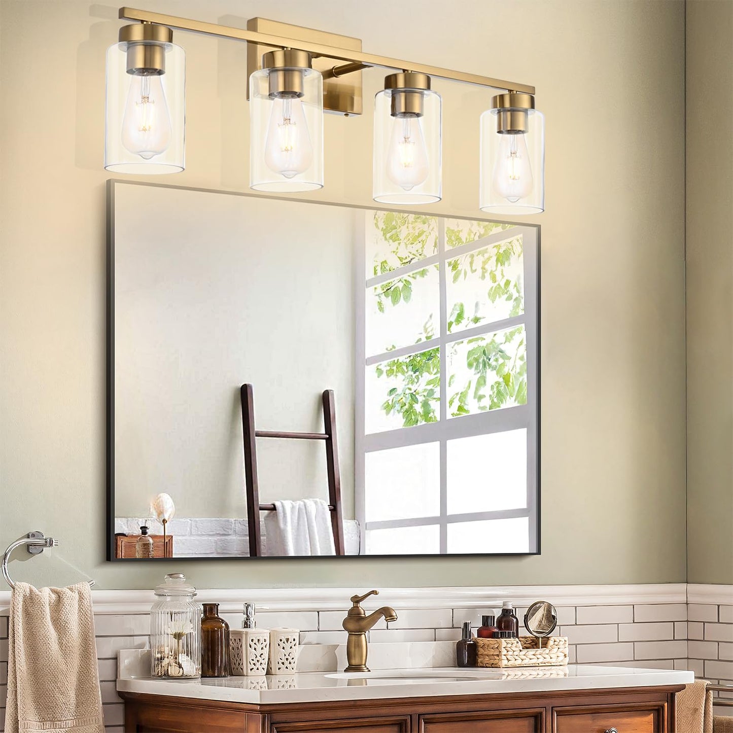 A1A9 4 Light Bathroom Vanity Light Fixtures, Brushed Brass Modern Wall Lights with Clear Glass Shade, Vintage Wall Sconce Lighting for Living Room, Mirror, Bedroom, Hallway (Gold, 4-Lights)