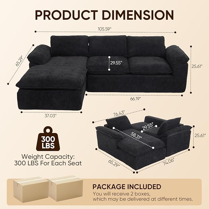 YAAREE 105.6”L Shape Modular Sectional Couch for Living Room, Modern Cloud Sectional 3 Seat Sofa with Oversized Chaise, Woven Texture Upholstery Boneless Couch (Black, Left Facing Chaise)