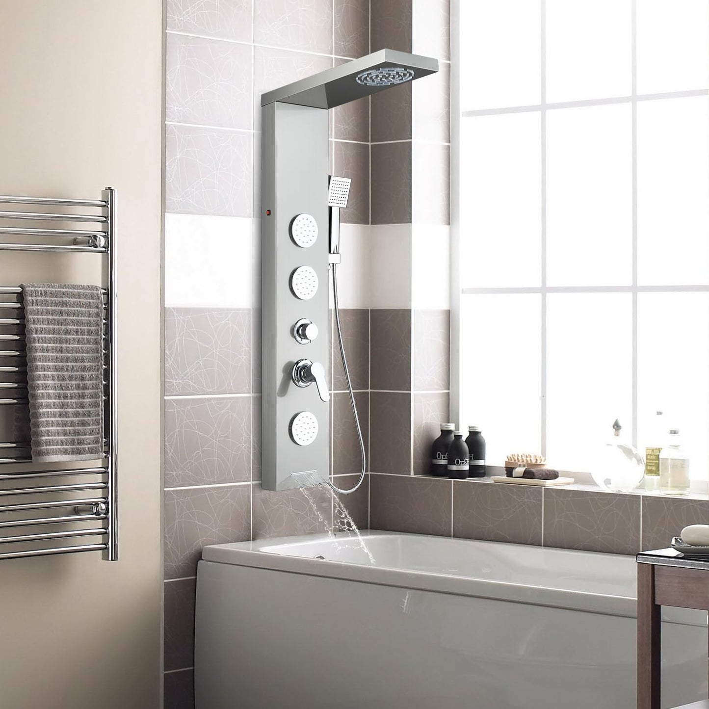 ROVOGO Shower Panel Tower System with Led Lights, 2-Mode Shower Head, 3 Body Jets, Handheld and Tub Spout, 46.5" Stainless Steel Shower Column with Mixer Valve, Brushed