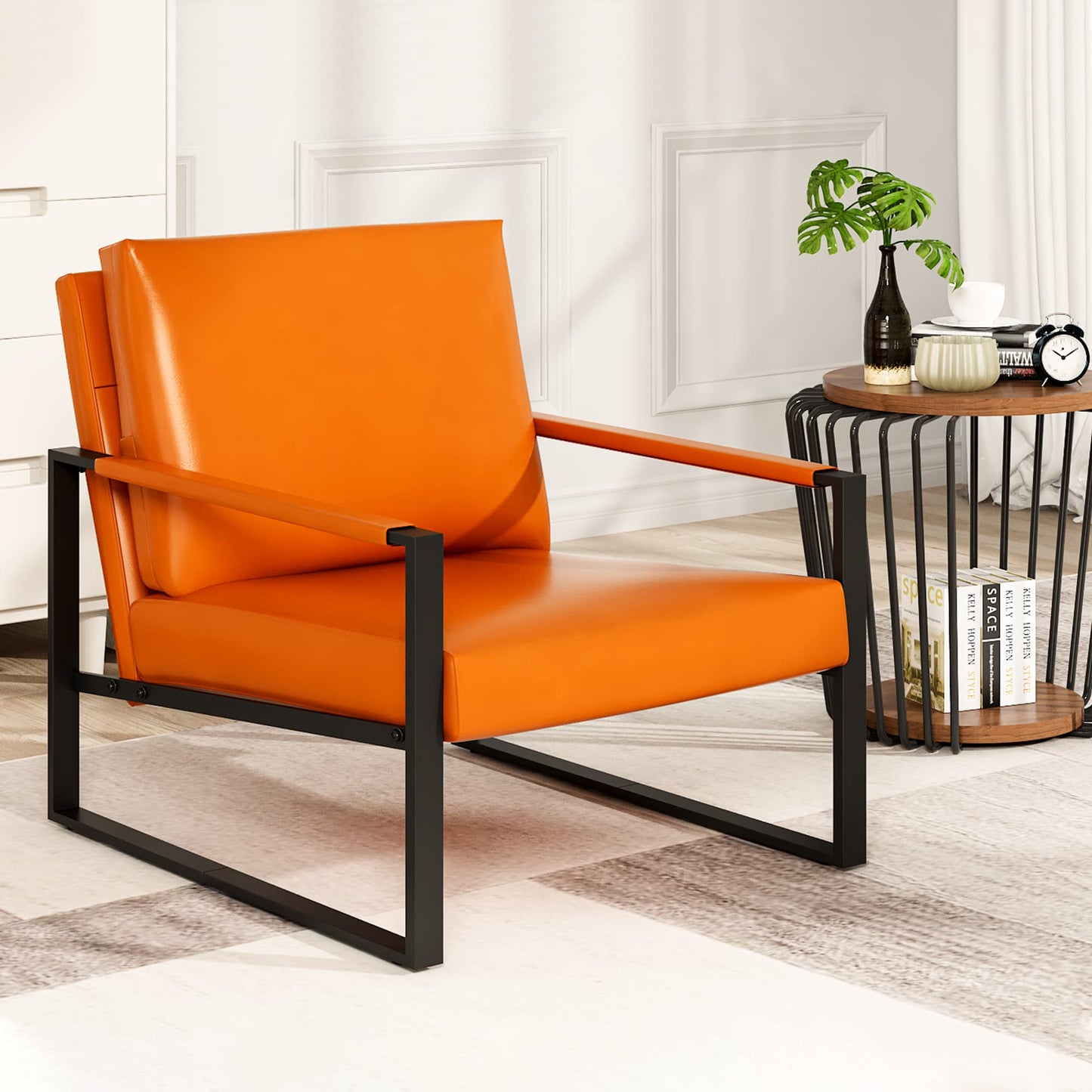 AWQM Modern PU Leather Accent Chair Arm Chair with Extra-Thick Padded Backrest and Seat Cushion Sofa Chairs for Living Room Bedroom, 105 Degree Slant Back, Non-Slip Adsorption Feet, Orange
