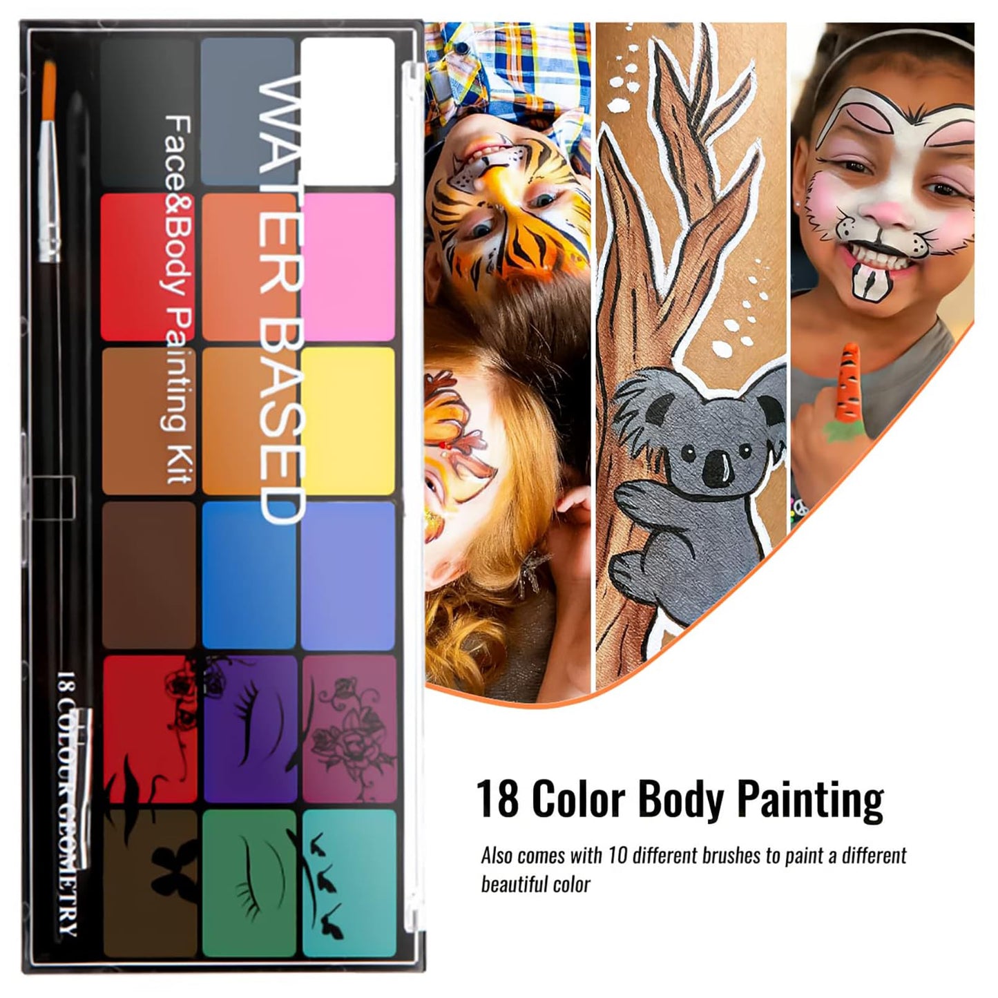 BRIMFULITE Face Painting Kit Non-toxic Body Paint Washable 18 Colors Facepaint Makeup Kit for Adults with 10 Face Paint Brushes for Halloween Party Cosplay Makeup (Color 001)