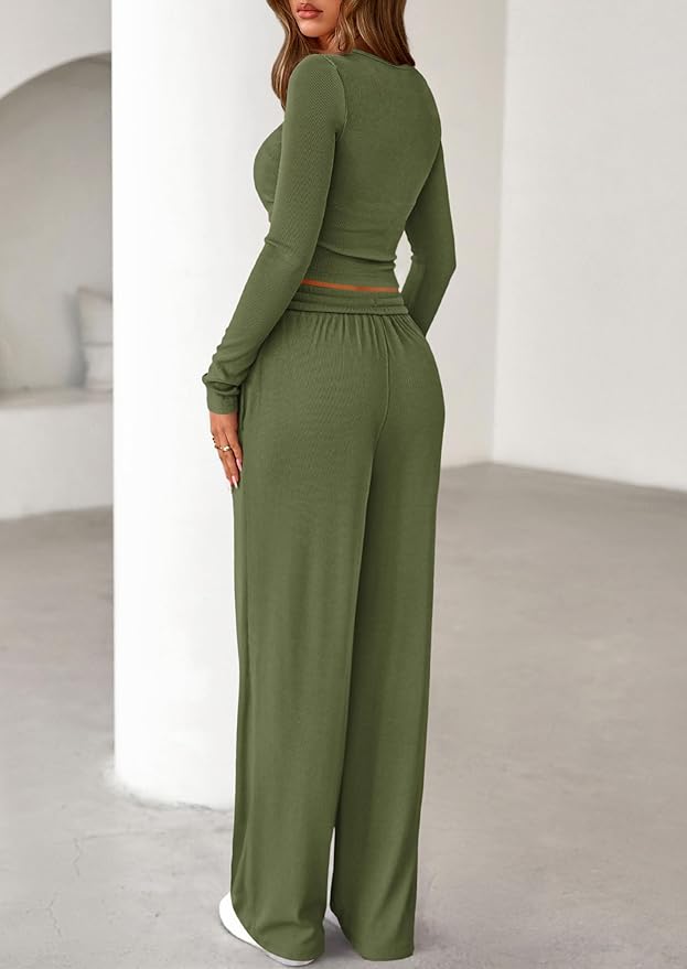 PRETTYGARDEN Women's 2026 Fall Trendy 2 Piece Outfits Lounge Sets Long Sleeve Top Henley Shirts Wide Leg Pants Travel Clothes