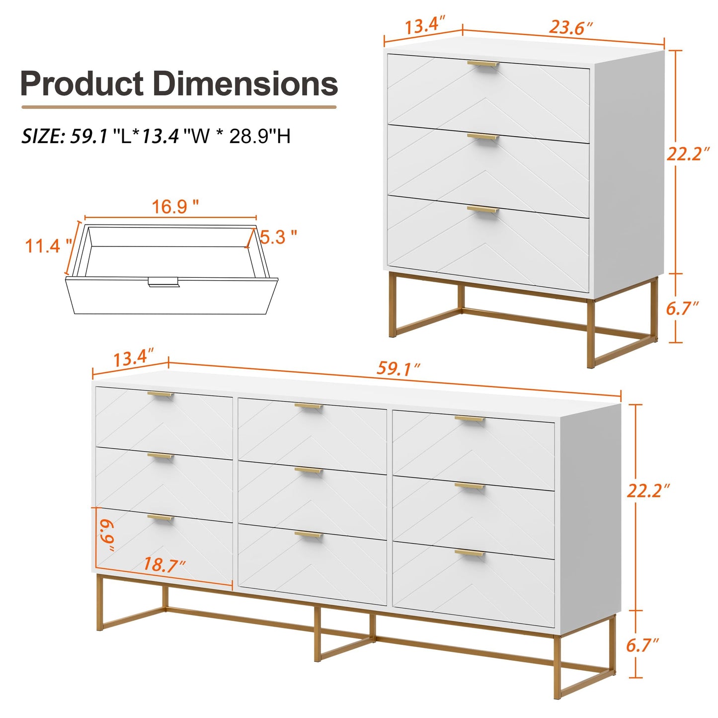 Scurrty 59" Large Chest of Drawers, Storage Cabinet 9 Drawer Dresser,White Dressers with Storage,Dressers for Living Room, Bedroom