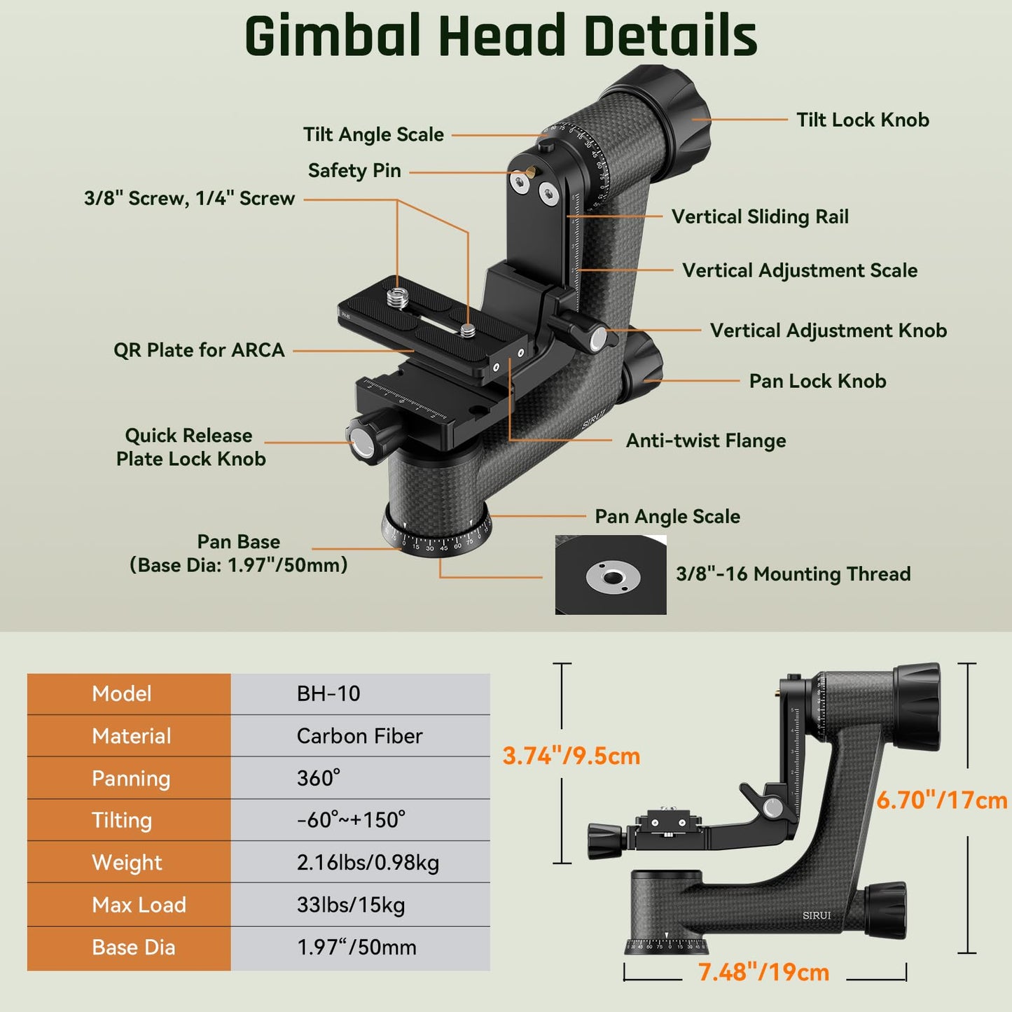 Sportich Heavy Duty SP324 Carbon Fiber Tripod and BH-10 Gimbal Head Kit, Professional for Landscape, Wildlife, Bird Photography, Sports, Long Telephoto, Video Tracking, Supports up to 33lbs/15kg
