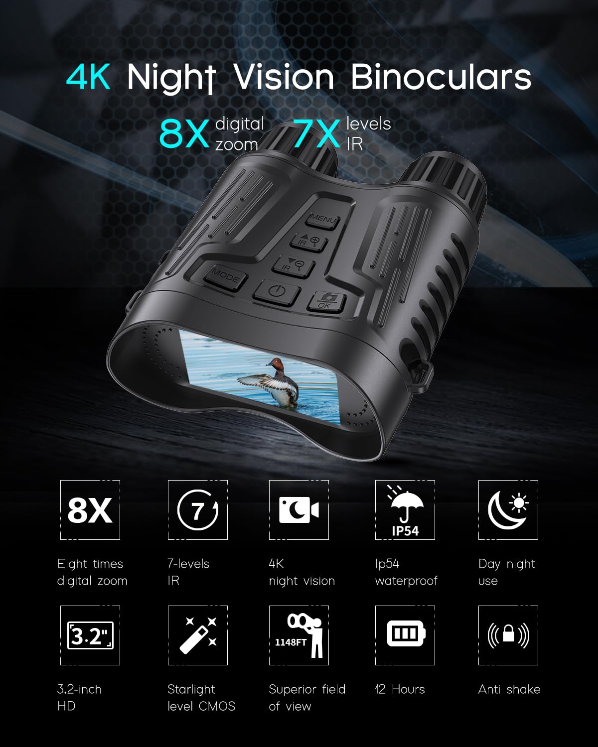 4K Night Vision Binoculars with Video Recording for Men, Gifts for Dad & Husband, 3.2" HD Display, 8X Zoom, 32GB Card, for Valentine’s Day, Birthday, Outdoor Camping and Wildlife Observation