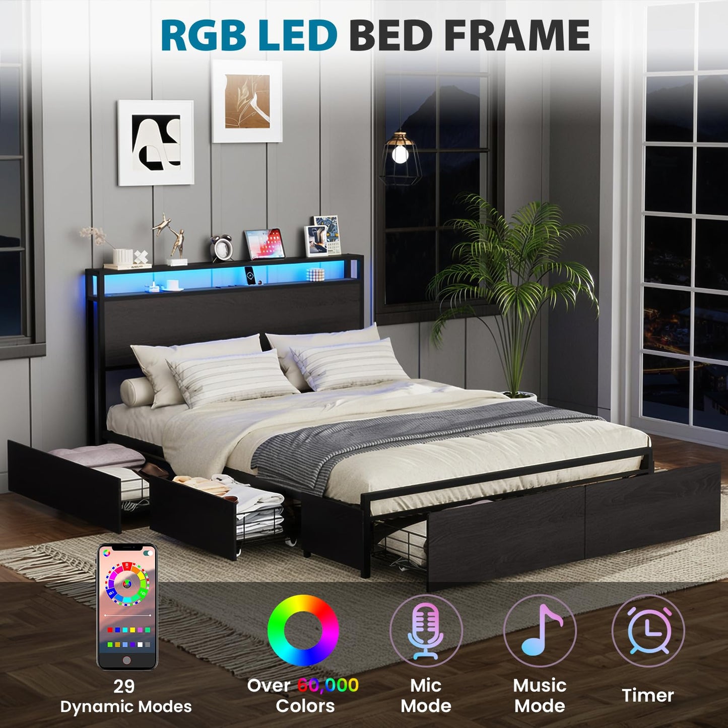 Kiivakii Full Size Bed Frame with Headboard, LED Platform Bed with 6 Storage Drawers, Built in Charging Station, Noise-Free, Metal Support Base, No Box Spring Needed, Black