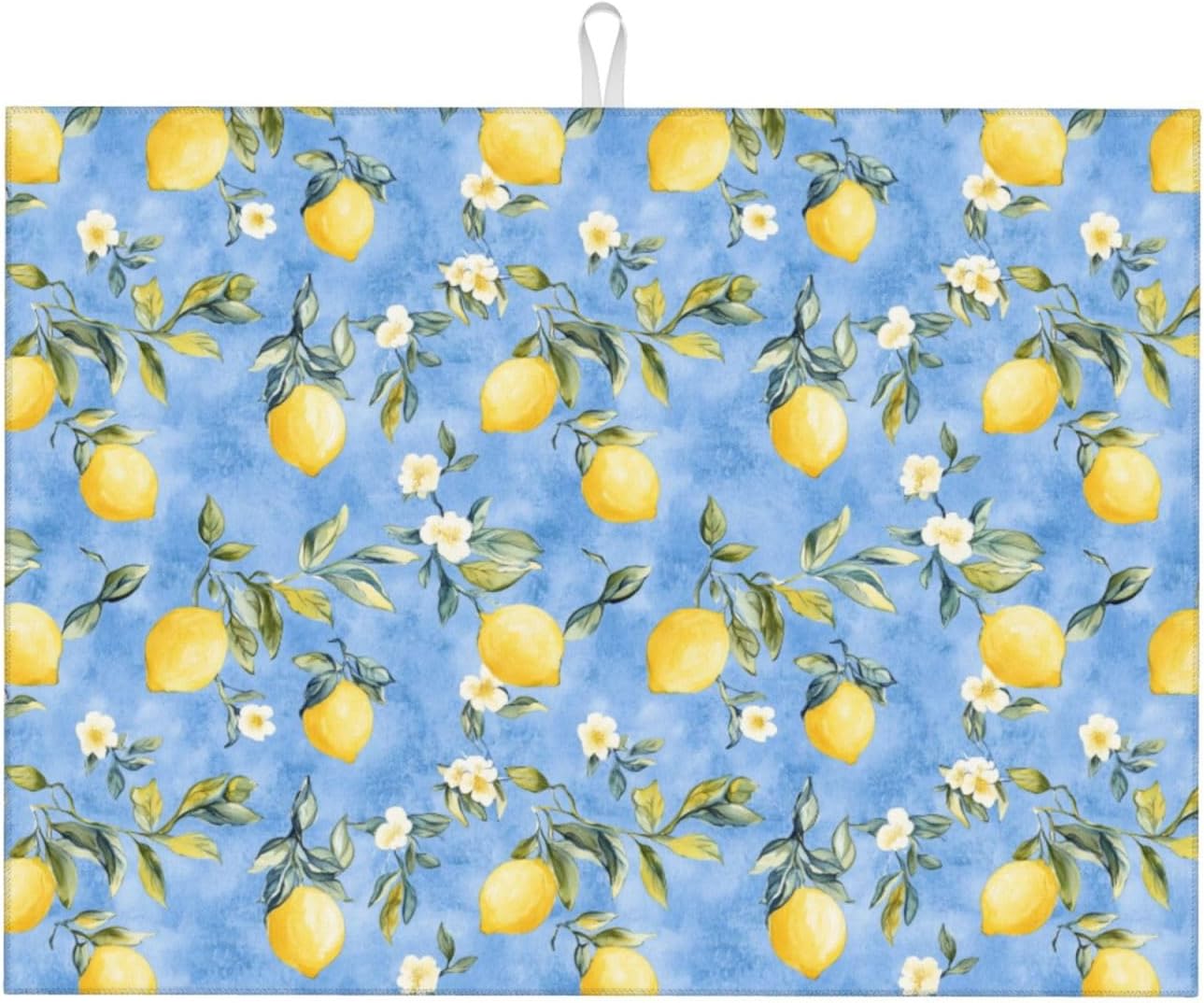 Dish Drying Mat for Kitchen Blue Watercolor Lemon Flower Counter Absorbent Dishes Drainer Microfiber Large 18x24 Inch