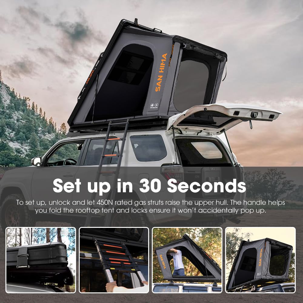 Sanhima Rooftop Tent Hard Shell - Hotham Overland Aluminium Roof Top Tent w/Larger Space, Full Ceiling LED Light & Skyview Window, 2” Thick Mattress, for Car SUV Truck Camping, 2-3 People, Gray