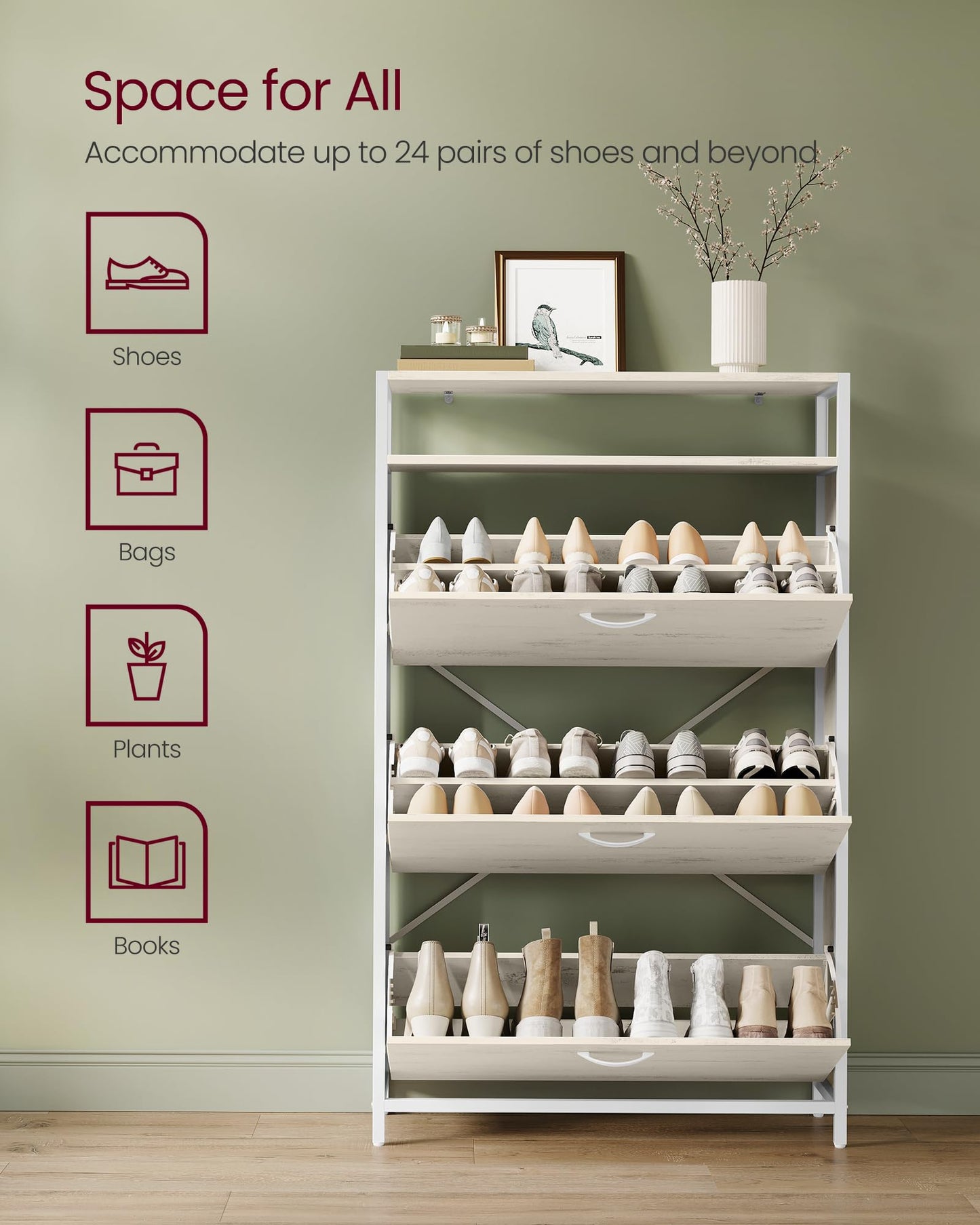 VASAGLE Shoe Cabinet with 3 Flip Drawers, Shoe Storage Cabinet, Asjustable and Removable Dividers, Holds 15-24 Pairs of Shoes, 11.8 x 31.5 x 51.2 Inches, Rustic White and Matte White ULBS802W01