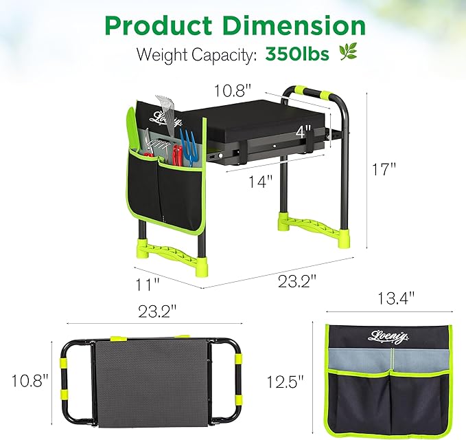 LOENIY 10.8” Wide Garden Kneeler and Seat, Heavy Duty Foldable Gardening Stool with Tool Belt Pouch, Included Thickened Kneeling Pad, Portable Gardening Bench Chair for Seniors & Parents