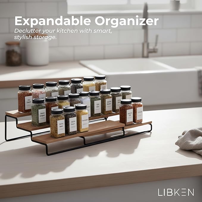 Tiered Spice Rack Organizer – Wood & Metal Countertop & Cabinet Spice Stand, Strong & Sturdy 3-Tier Shelf for Kitchen, Pantry, Seasoning Bottles – Minimal Scandinavian Design - Wood Brown