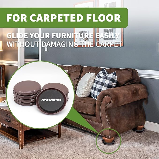 COVERCORNER Furniture Sliders for Hardwood Floors, Furniture Sliders for Carpeted Floors, 8 PCS 4 3/4 inch Combo Pack, Sliders for Moving Furniture, Furniture Movers Sliders-Brown