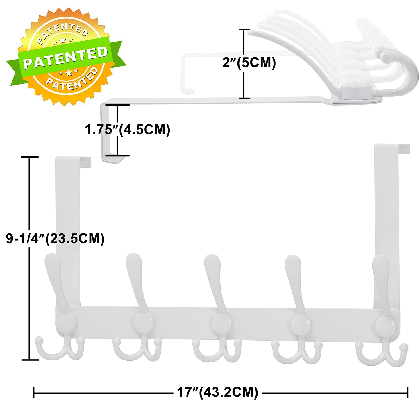 Dseap Over The Door Hook Hanger - Fits 1 3/8" to 1 3/4" Standard Doors | 5 Tri Hooks Heavy Duty Towel/Coat Rack | Door Organizer for Clothes, Jackets, Hats, Towels, White