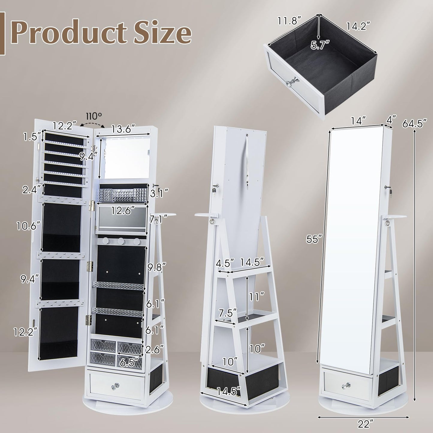 HAPPYGRILL Jewelry Armoire with Full Length Mirror, 360° Lockable Jewelry Organizer W/ 6 LEDs, Rear Storage Shelves, Large Bottom Drawer & Hairdryer Holder, Standing Jewelry Cabinet for Women, White