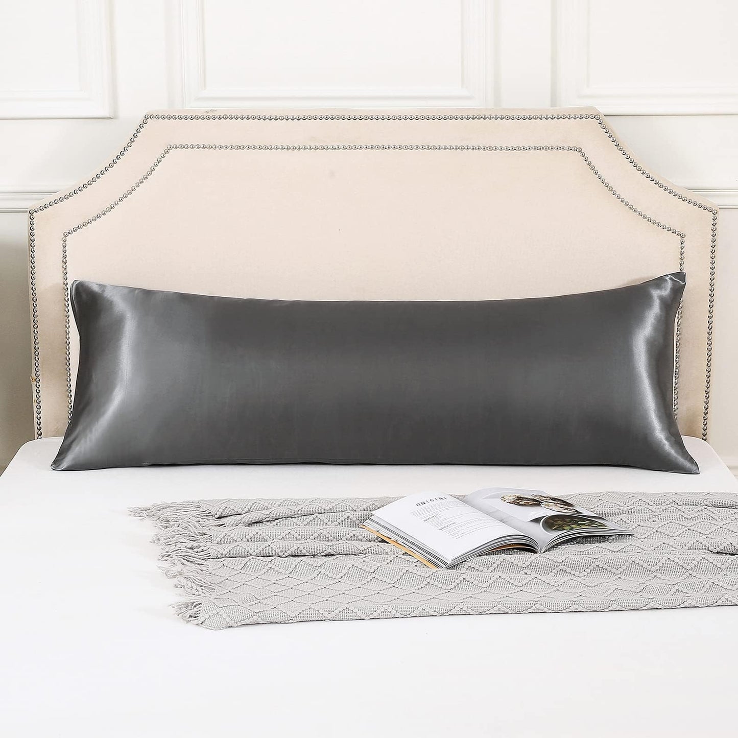 HUXMEYSON Body Pillow with Satin Pillowcase, Cooling Body Pillow for Adults, Removable Cover, Grey (20"x54")