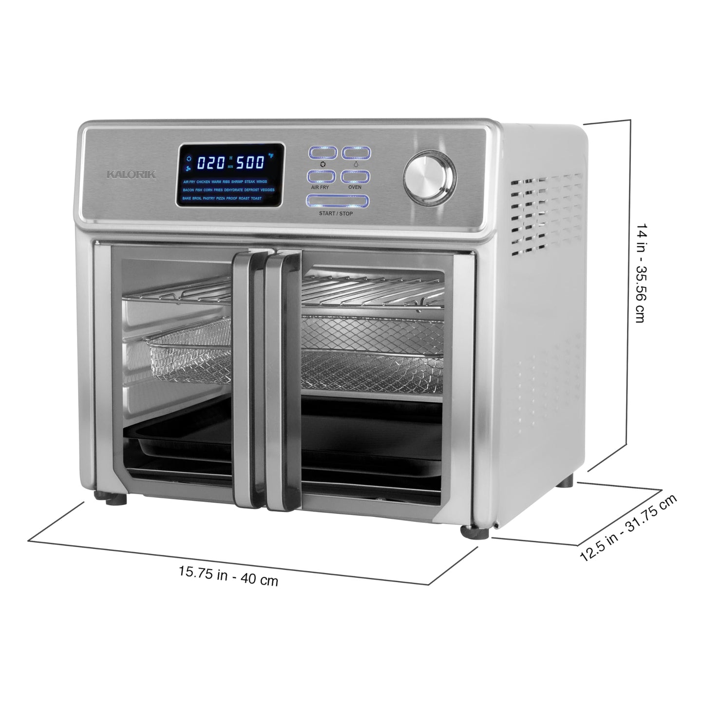 Kalorik MAXX Air Fryer Oven, 26 Quart 10-in-1 Countertop Toaster Oven & Air Fryer Combo - Fry, Bake, Roast, Rotisserie, & More, Large Glass French Doors & 9 Accessories, 1700-Watts, Stainless Steel
