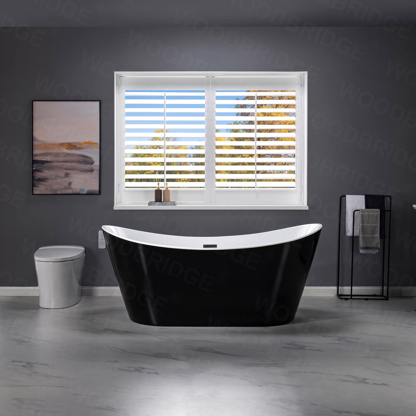 WOODBRIDGE 67" Acrylic Freestanding Bathtub Contemporary Soaking Tub with Matte Black Overflow and Drain,Black,B1815 MB